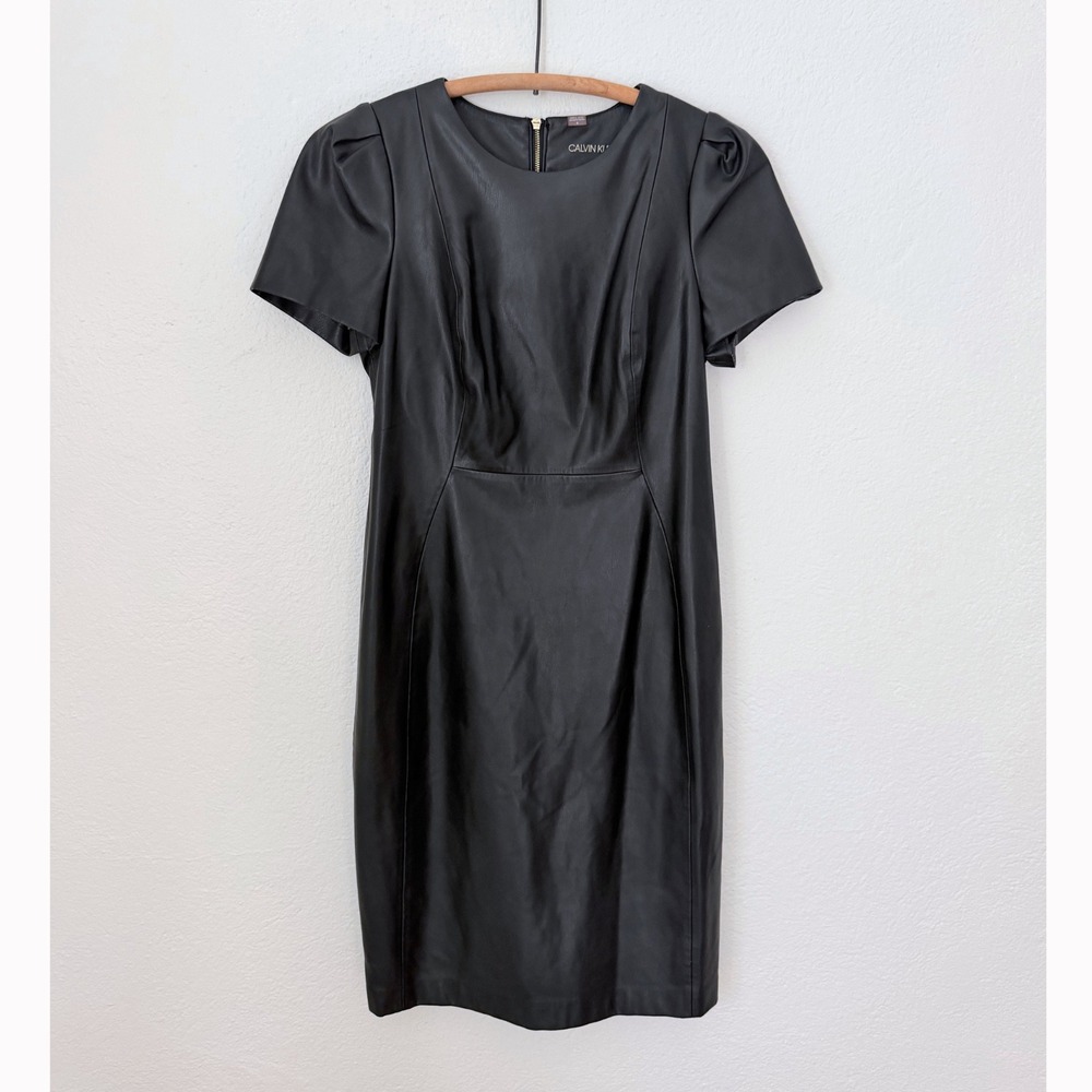 Calvin Klein Faux Leather Puff Sleeve Sheath Dress Black 6 Mob Wife LBD